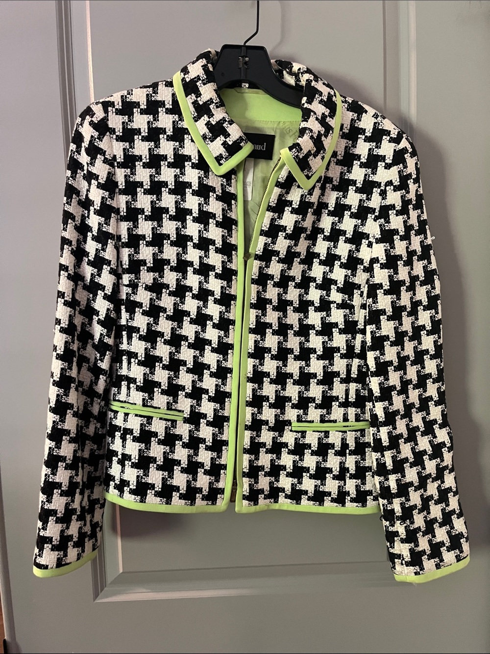 Louis Feraud Black and White Houndstooth Blazer with Lime Trim